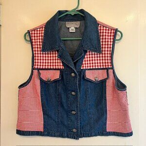 Vintage 90s Stonebridge Denim & Red Gingham Patchwork Vest Size 10 Cottagecore